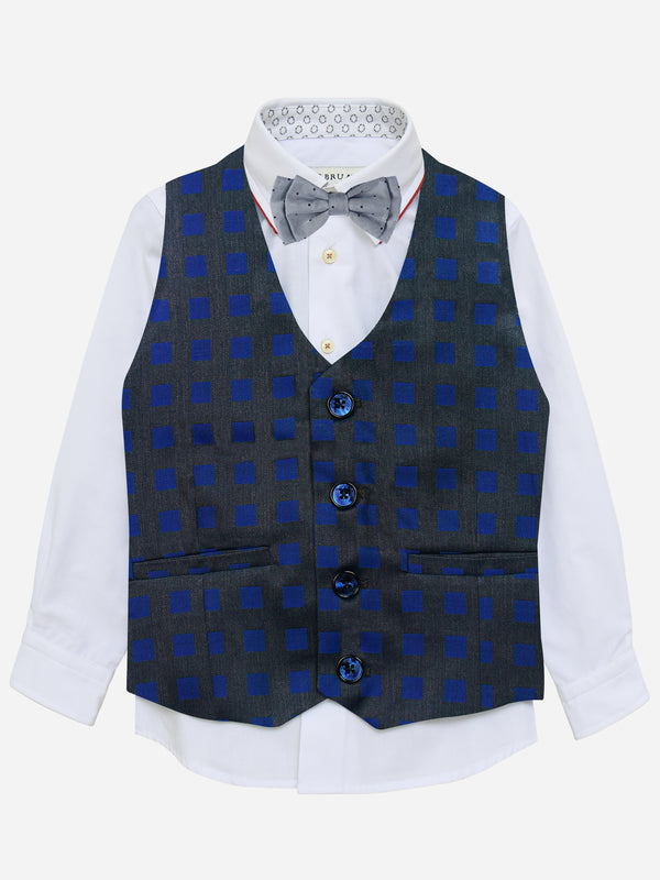 Grey & Blue Square Patterned Suit Vest With Bow Brumano Pakistan 