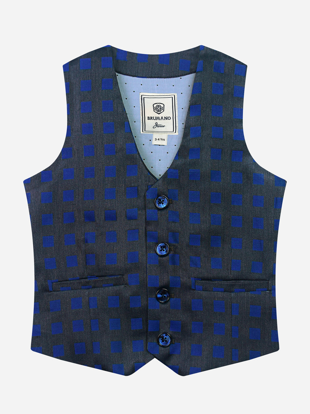 Grey & Blue Square Patterned Suit Vest With Bow