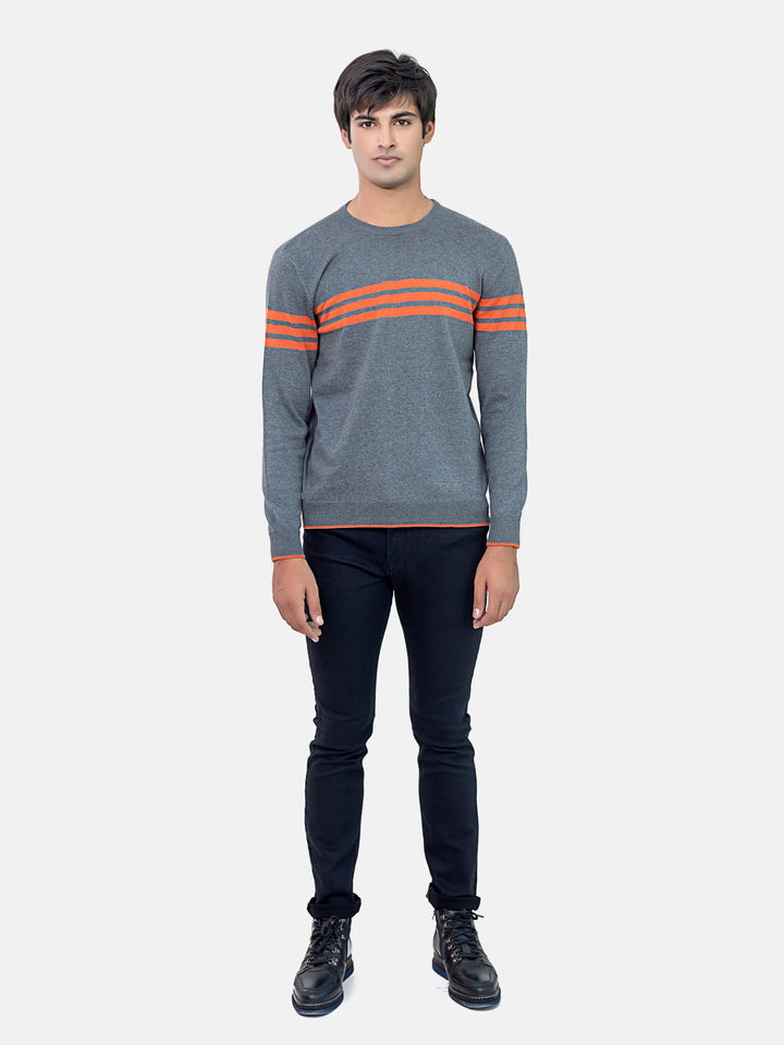 Grey & Orange Striped Crew Neck Jumper Brumano Pakistan