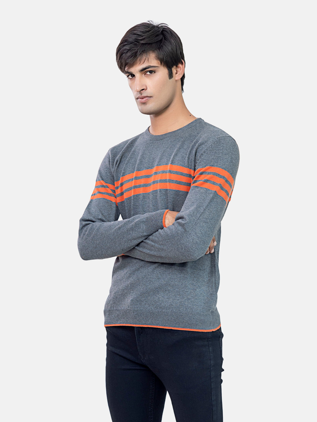 Grey & Orange Striped Crew Neck Jumper Brumano Pakistan
