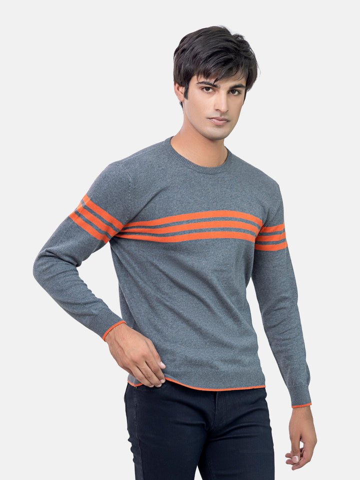 Grey & Orange Striped Crew Neck Jumper Brumano Pakistan