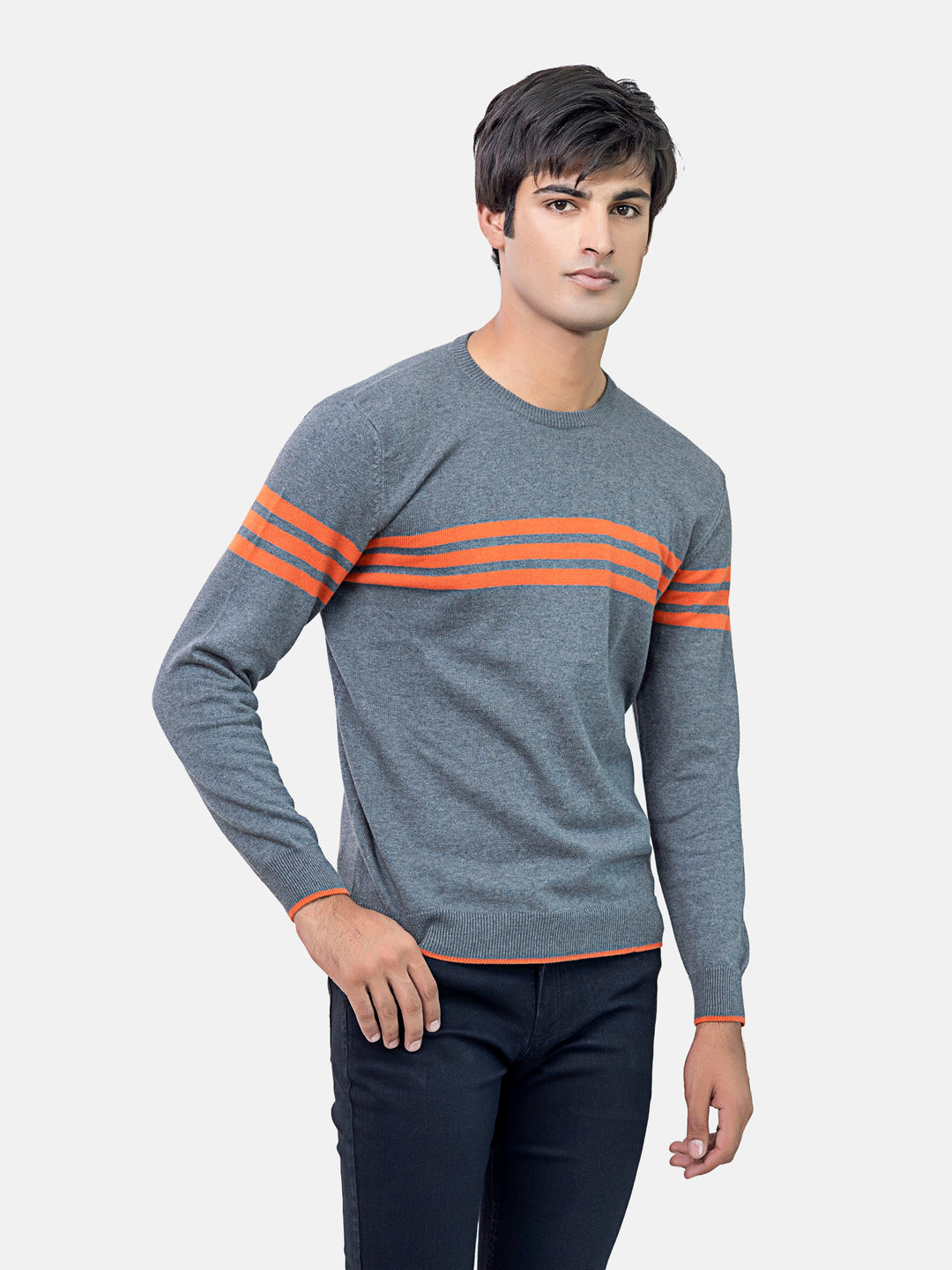 Grey & Orange Striped Crew Neck Jumper Brumano Pakistan