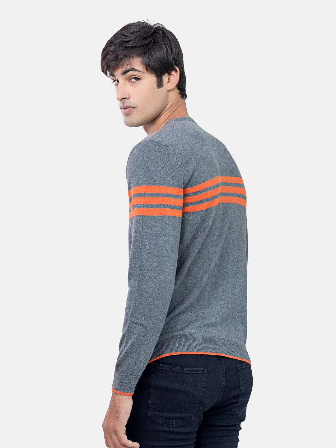 Grey & Orange Striped Crew Neck Jumper Brumano Pakistan