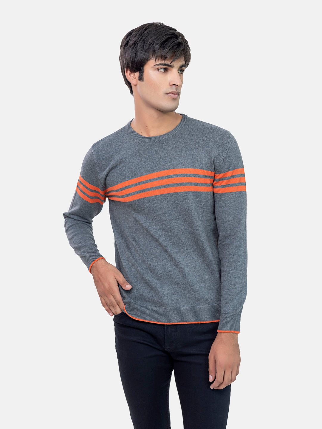 Grey & Orange Striped Crew Neck Jumper Brumano Pakistan