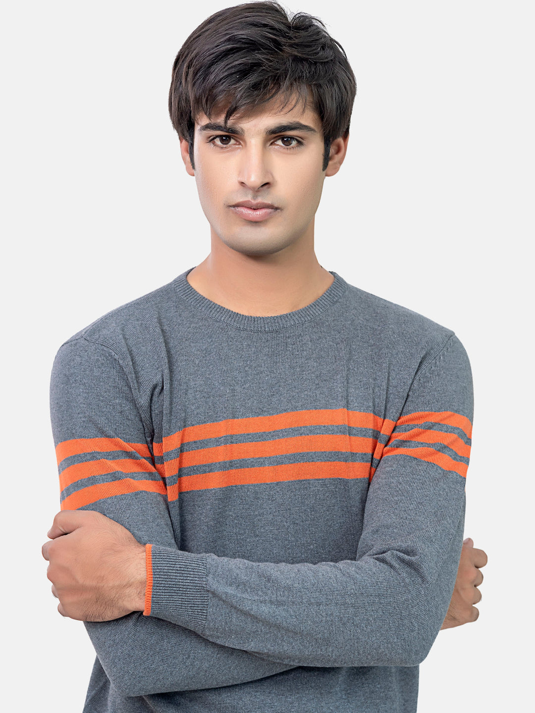 Grey & Orange Striped Crew Neck Jumper Brumano Pakistan