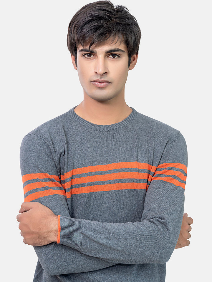 Grey & Orange Striped Crew Neck Jumper Brumano Pakistan