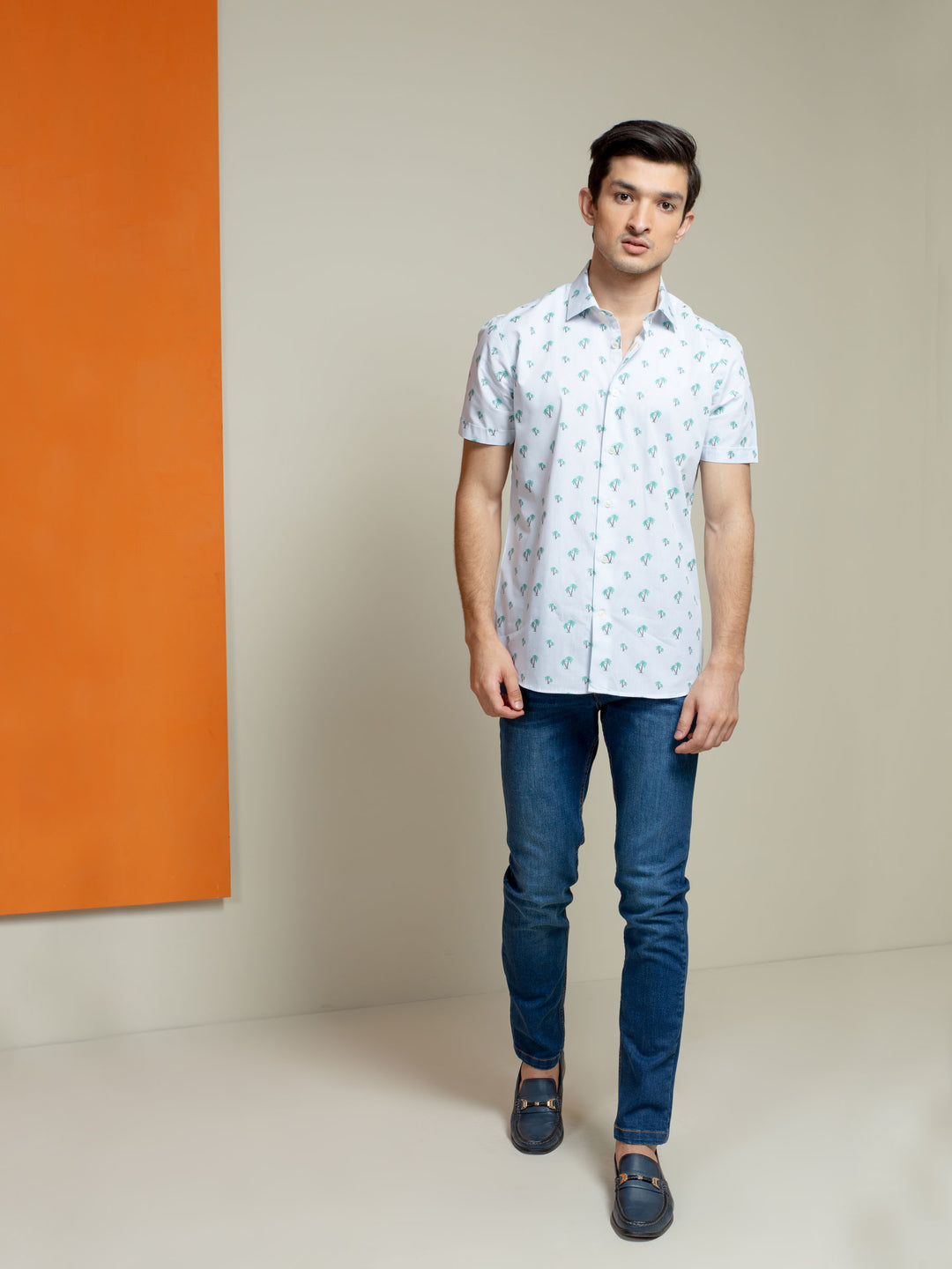 Light Blue Tree Patterned Half Sleeve Shirt Brumano Pakistan