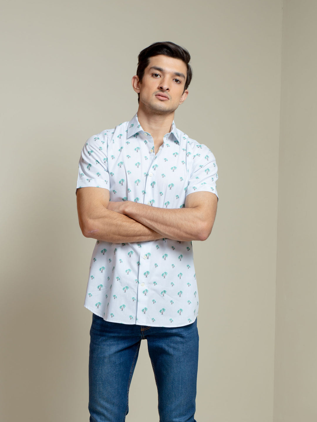 Light Blue Tree Patterned Half Sleeve Shirt Brumano Pakistan