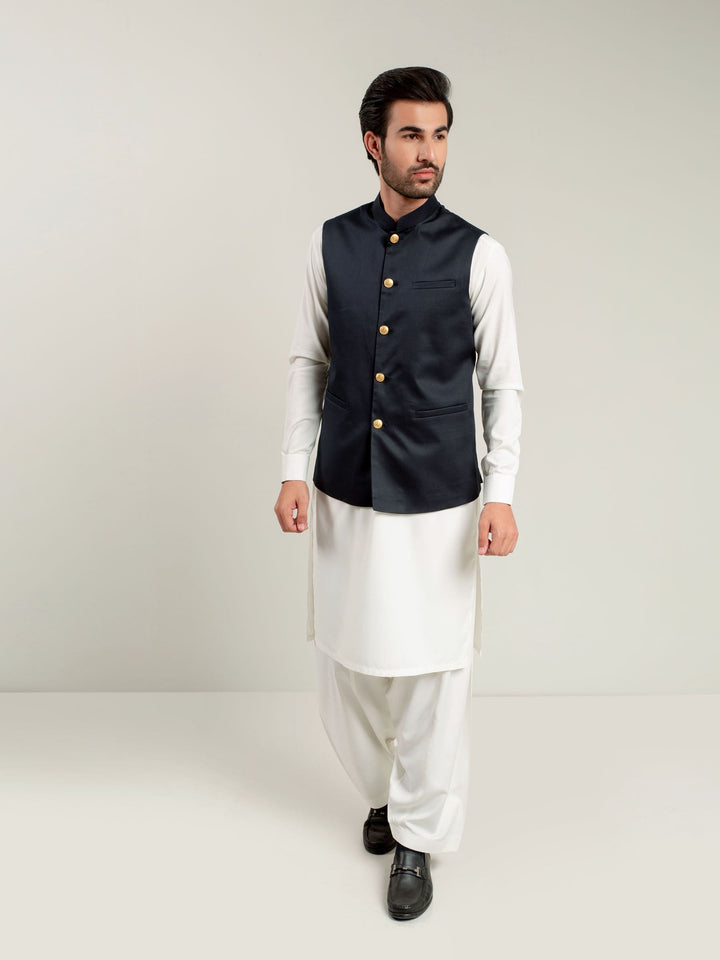 Light Navy Waistcoat With Golden Buttons Brumano Pakistan