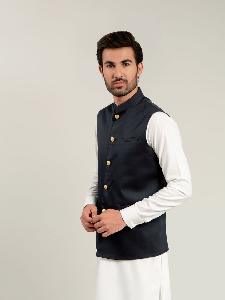 Light Navy Waistcoat With Golden Buttons Brumano Pakistan