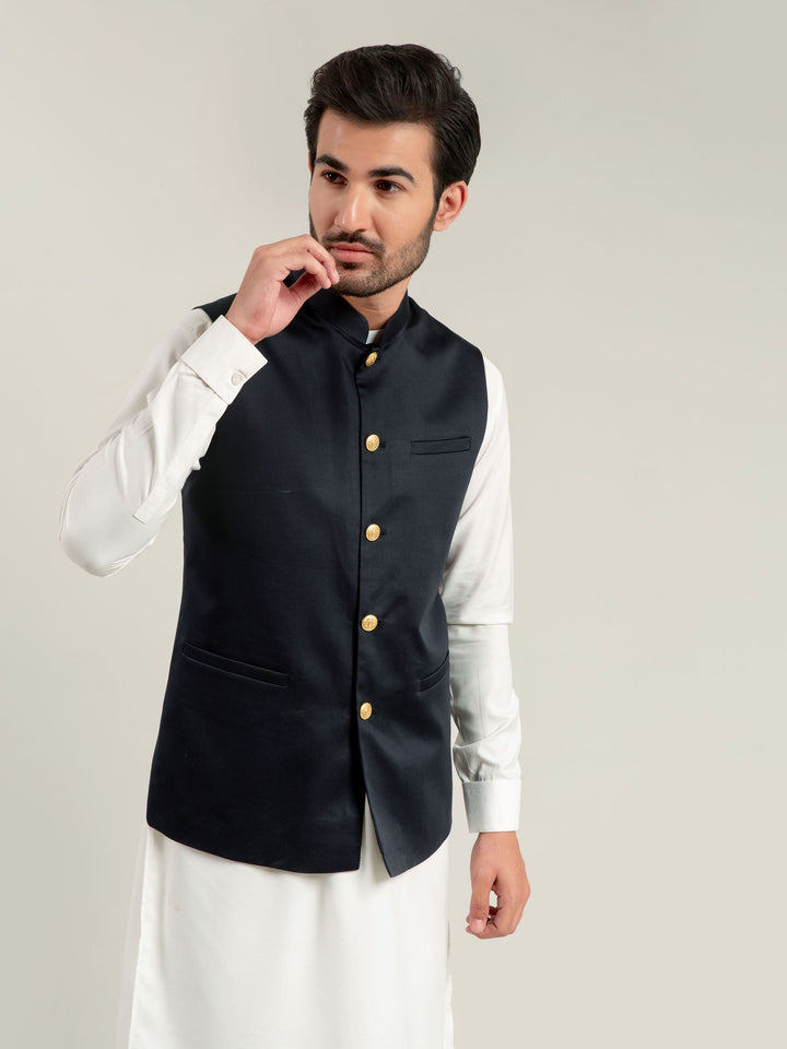 Light Navy Waistcoat With Golden Buttons Brumano Pakistan