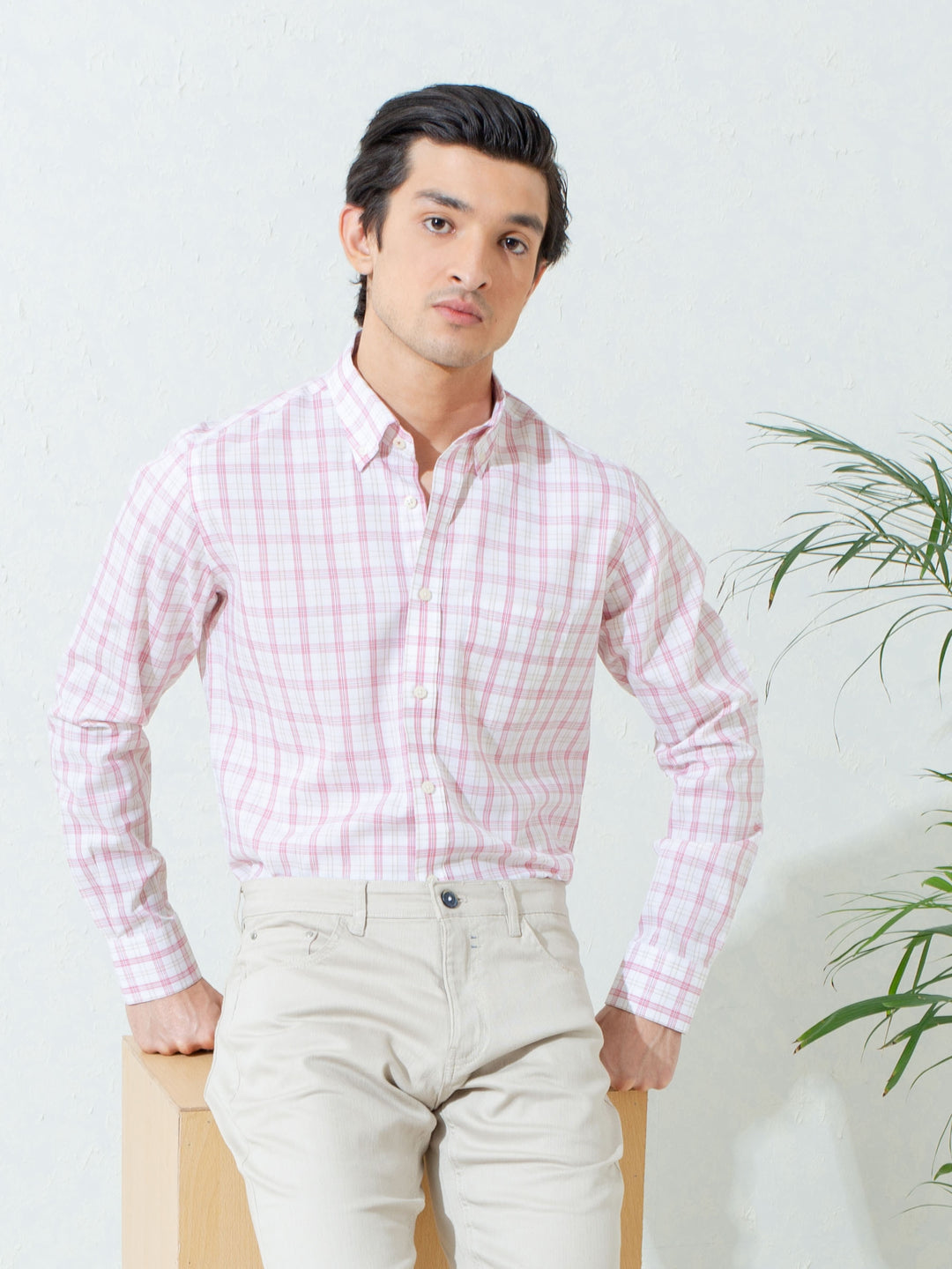 Light Pink Checkered Button Down Shirt Brumano Pakistan