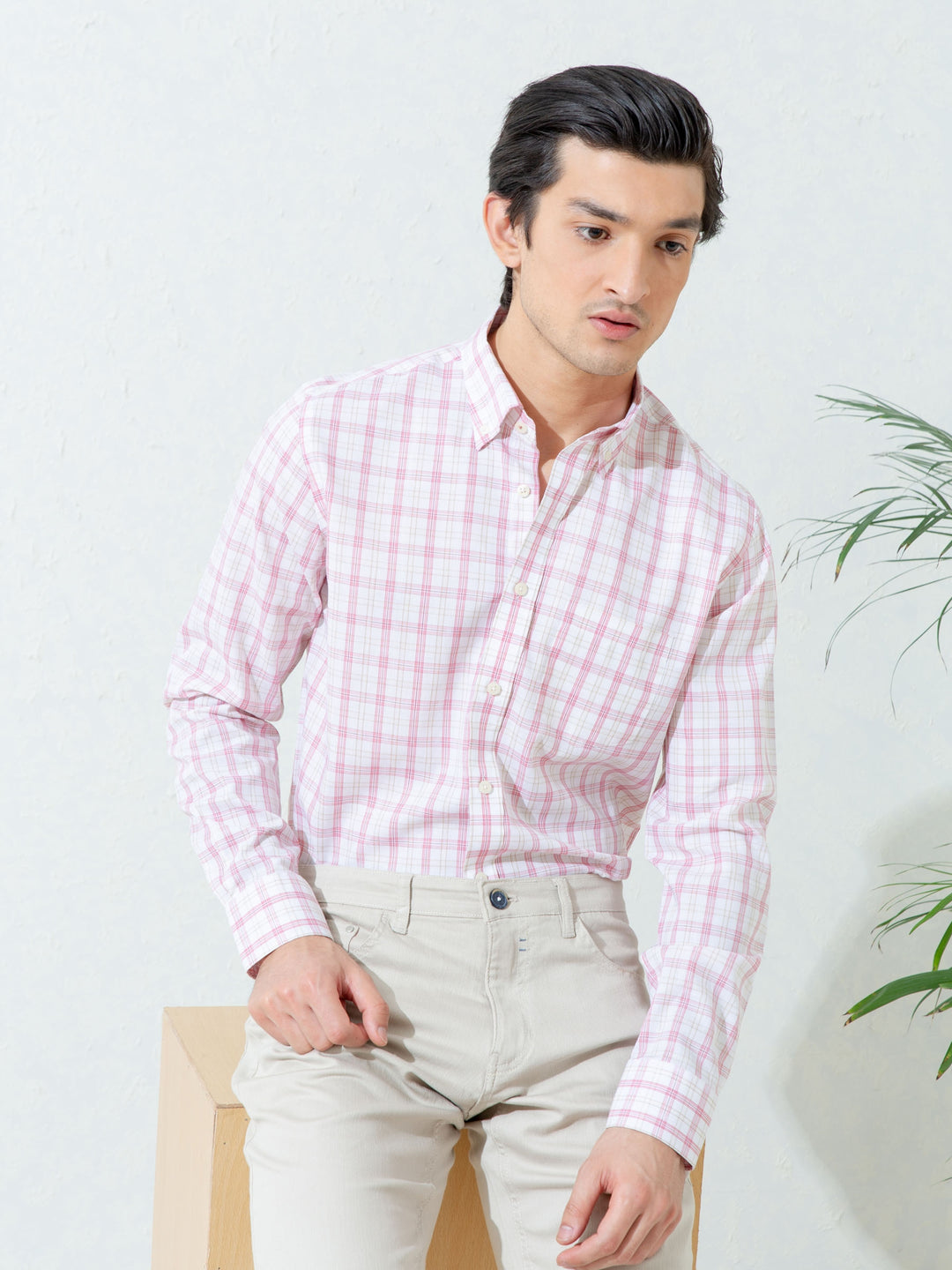 Light Pink Checkered Button Down Shirt Brumano Pakistan