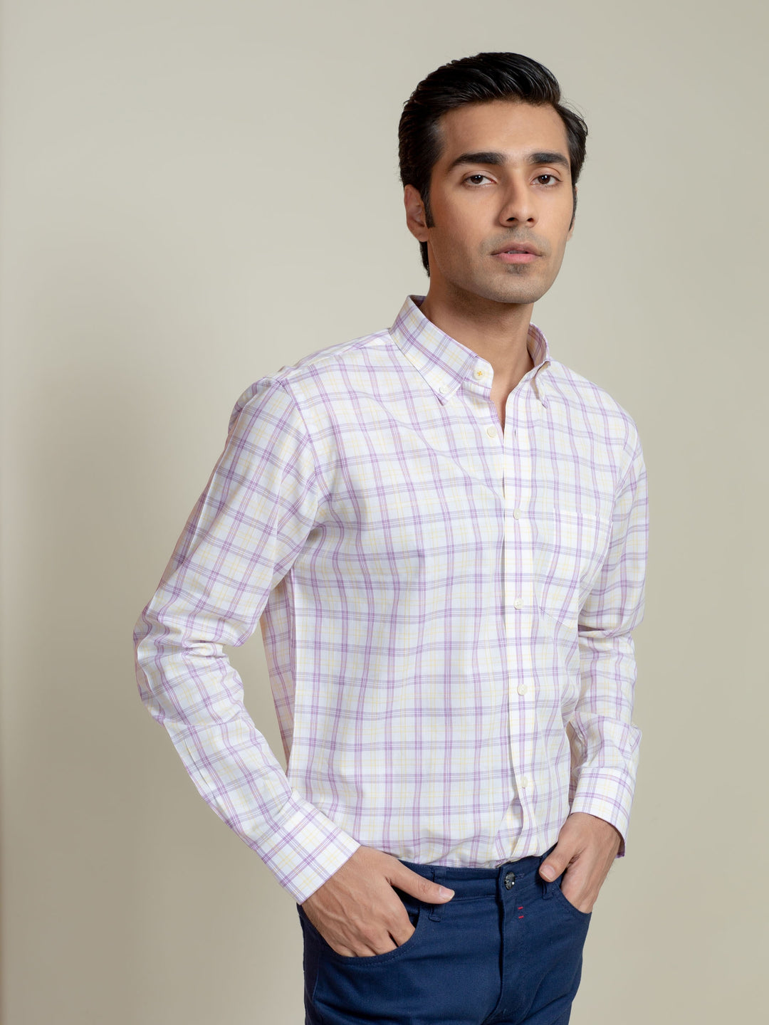 Light Purple Checkered Button Down Shirt Brumano Pakistan