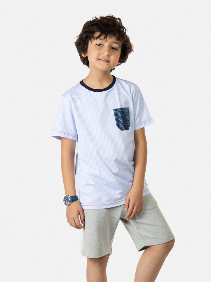 Light Blue Striped Short Sleeve Casual T-Shirt With Contrasting Pocket Brumano Pakistan