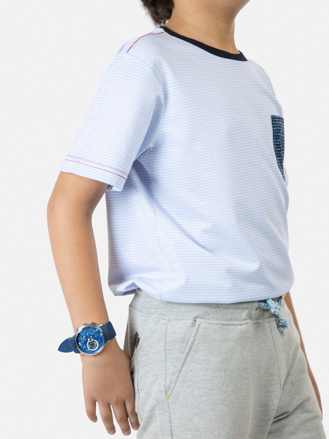 Light Blue Striped Short Sleeve Casual T-Shirt With Contrasting Pocket Brumano Pakistan
