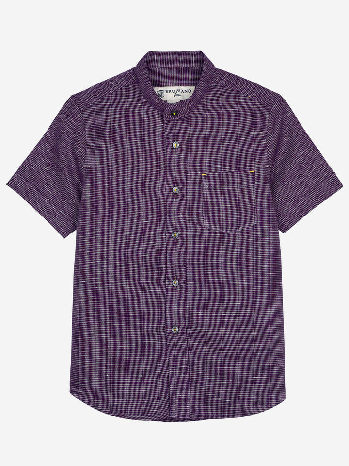 Magenta Mao Collar Short Sleeve Casual Shirt