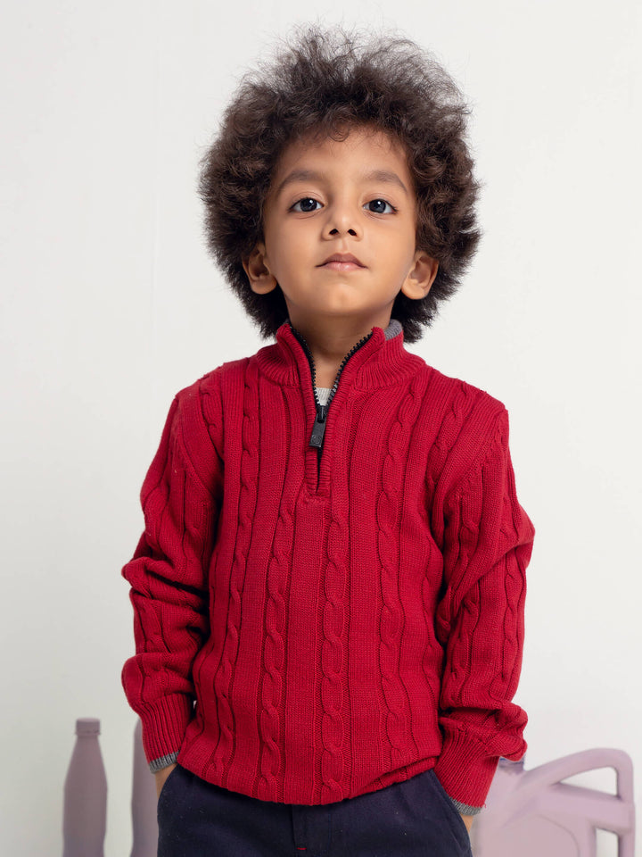 Maroon Cable Knitted Mock Neck Casual Sweater Brumano Pakistan