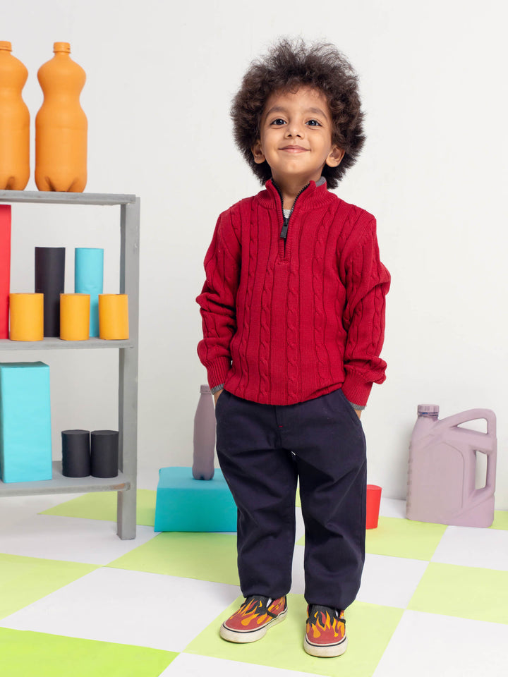 Maroon Cable Knitted Mock Neck Casual Sweater Brumano Pakistan