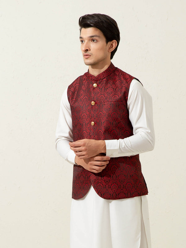 Maroon Floral Patterned Waistcoat Brumano Pakistan