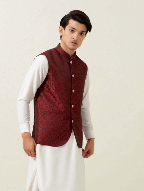 Maroon Floral Patterned Waistcoat Brumano Pakistan