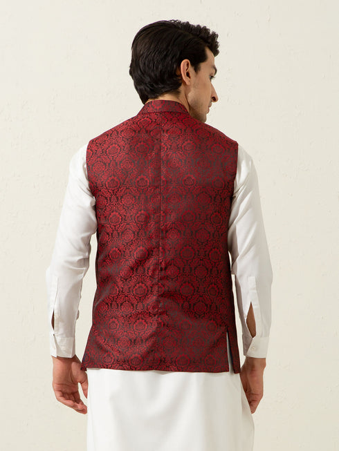 Maroon Floral Patterned Waistcoat Brumano Pakistan