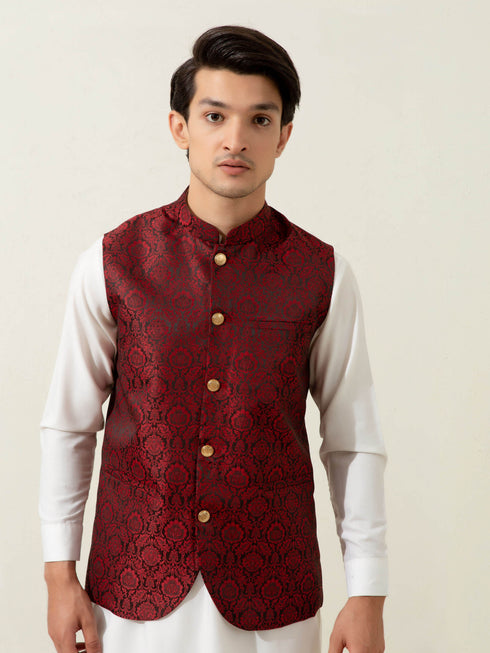 Maroon Floral Patterned Waistcoat Brumano Pakistan