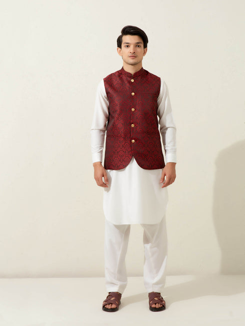 Maroon Floral Patterned Waistcoat Brumano Pakistan