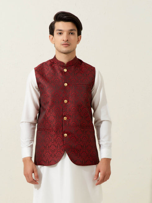 Maroon Floral Patterned Waistcoat Brumano Pakistan