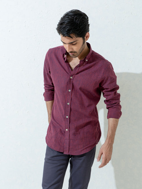 Maroon & Navy Striped Linen Shirt Brumano Pakistan