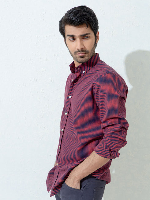 Maroon & Navy Striped Linen Shirt Brumano Pakistan