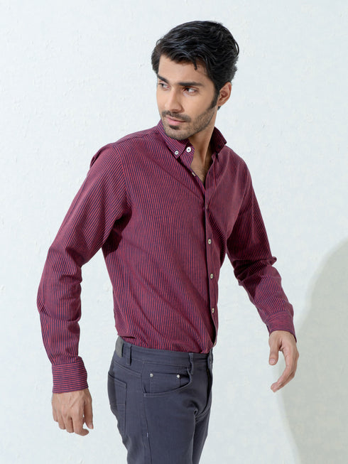 Maroon & Navy Striped Linen Shirt Brumano Pakistan