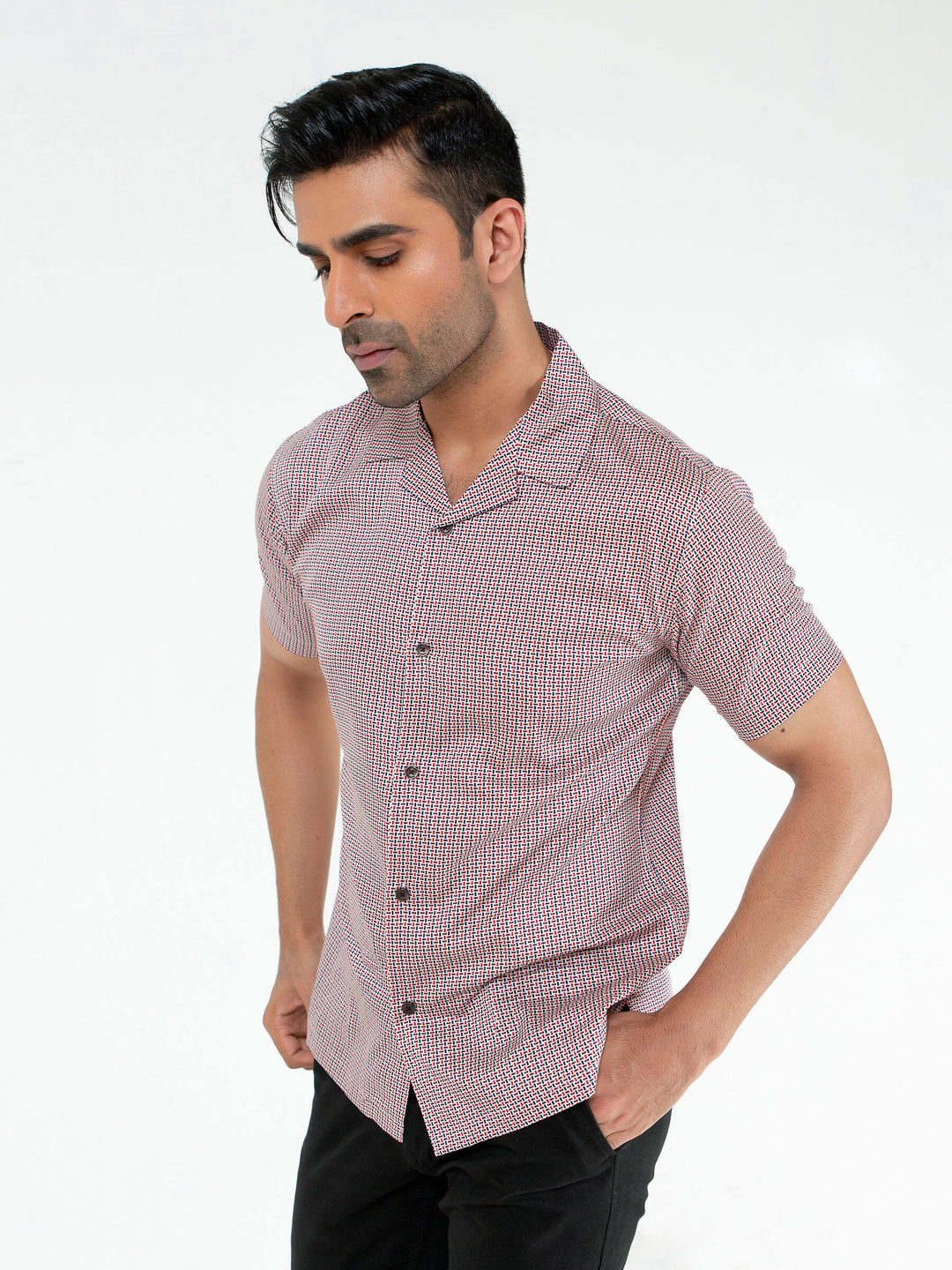 Maroon & Black Geo Printed Half Sleeve Cuban Collar Shirt Brumano Pakistan