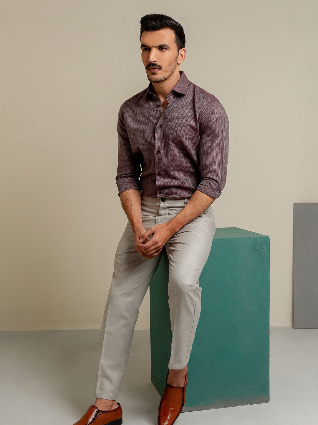Maroon & Grey Herringbone Formal Shirt Brumano Pakistan