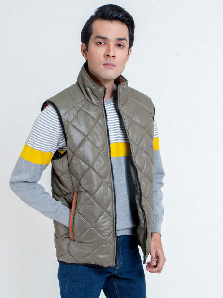 Matt Olive Quilted Sleeveless Gilet Jacket Brumano Pakistan