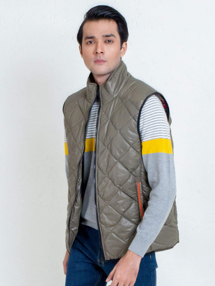 Matt Olive Quilted Sleeveless Gilet Jacket Brumano Pakistan