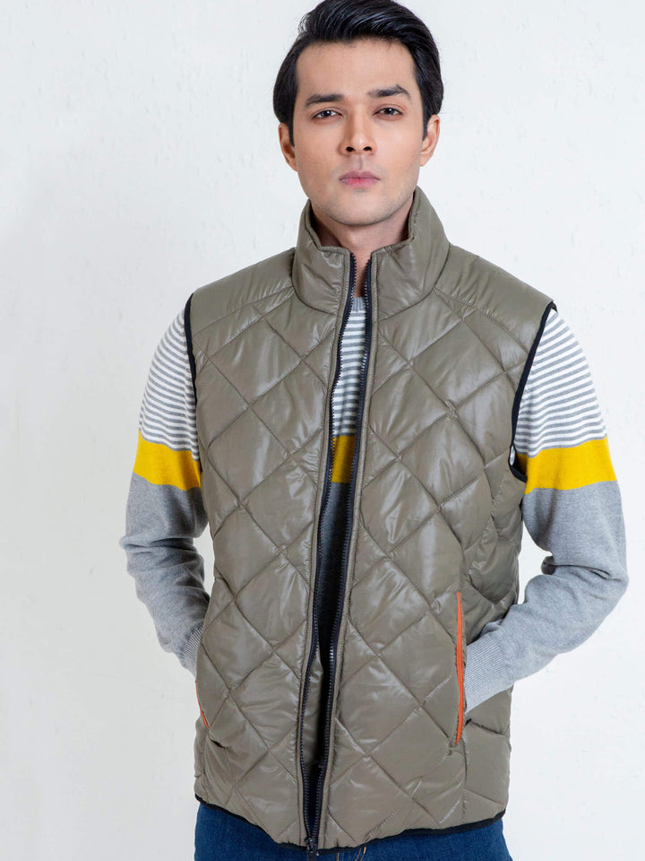 Matt Olive Quilted Sleeveless Gilet Jacket Brumano Pakistan