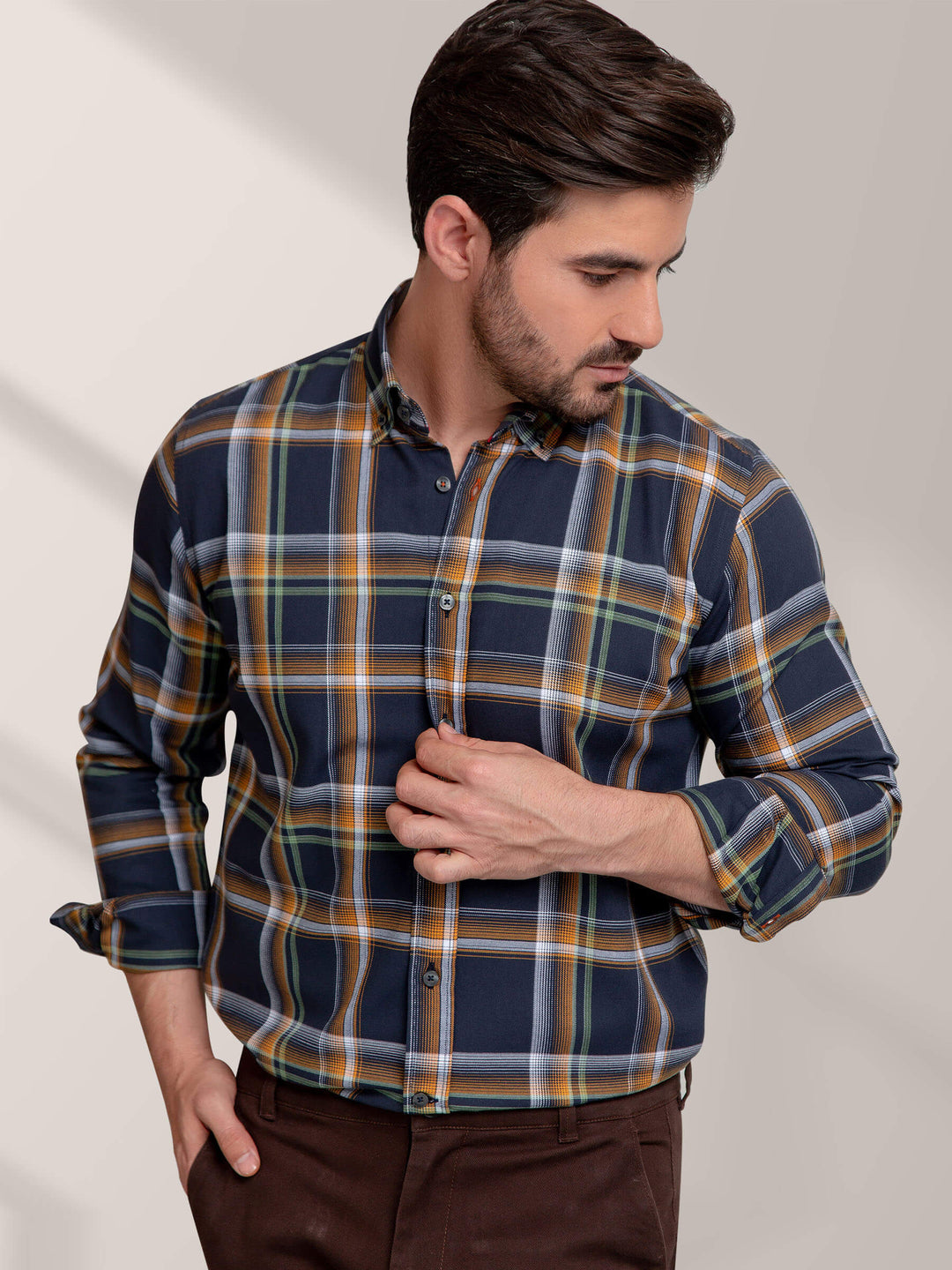 Mustard & Navy Blue Checkered Shirt Brumano Pakistan
