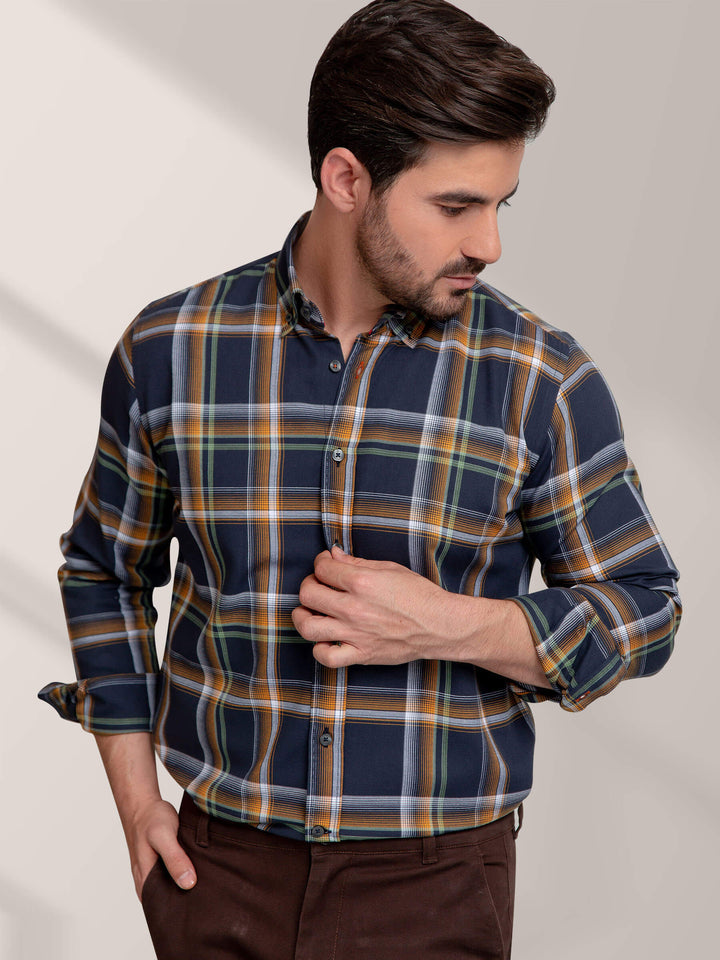 Mustard & Navy Blue Checkered Shirt Brumano Pakistan