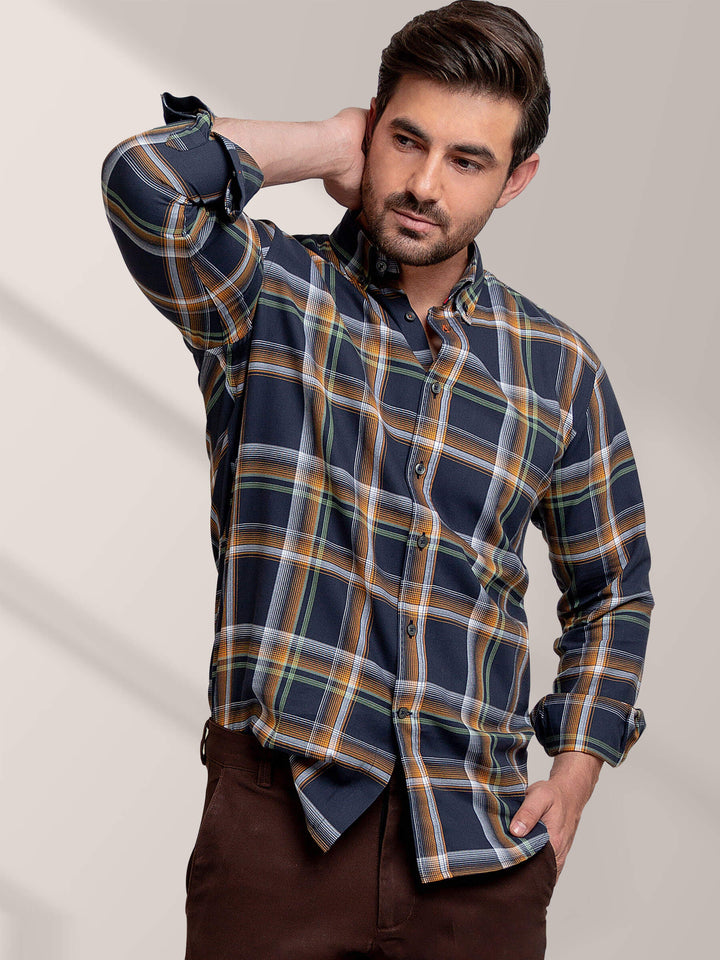Mustard & Navy Blue Checkered Shirt Brumano Pakistan