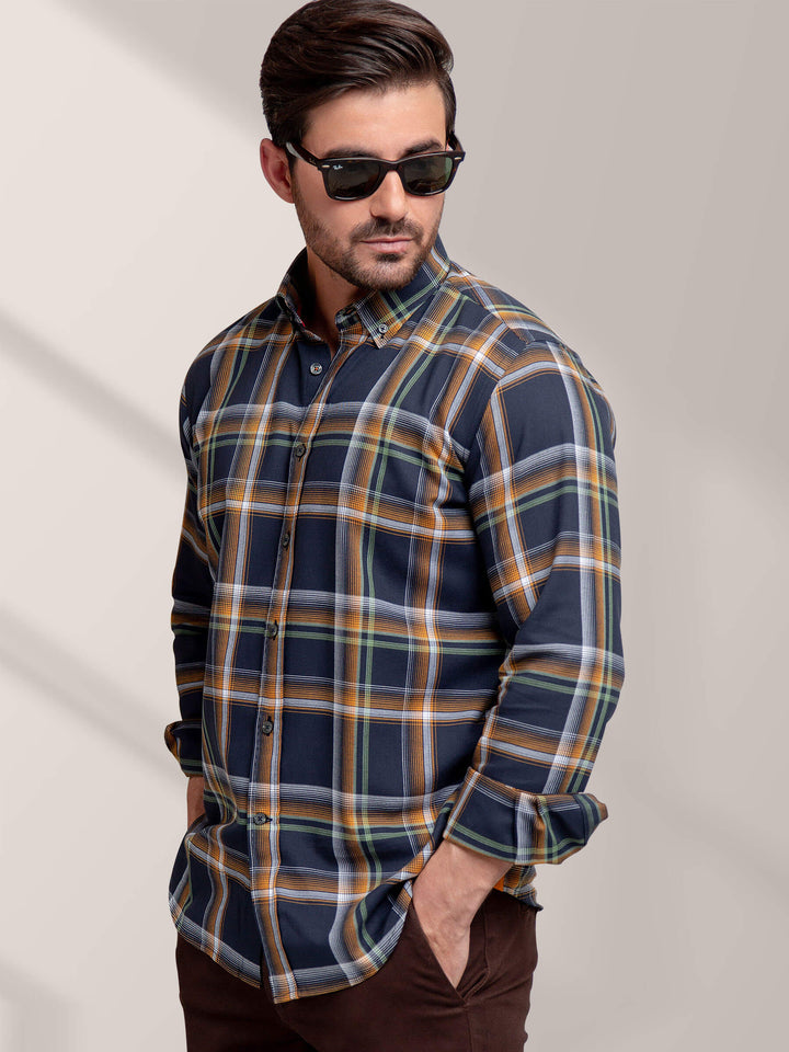 Mustard & Navy Blue Checkered Shirt Brumano Pakistan