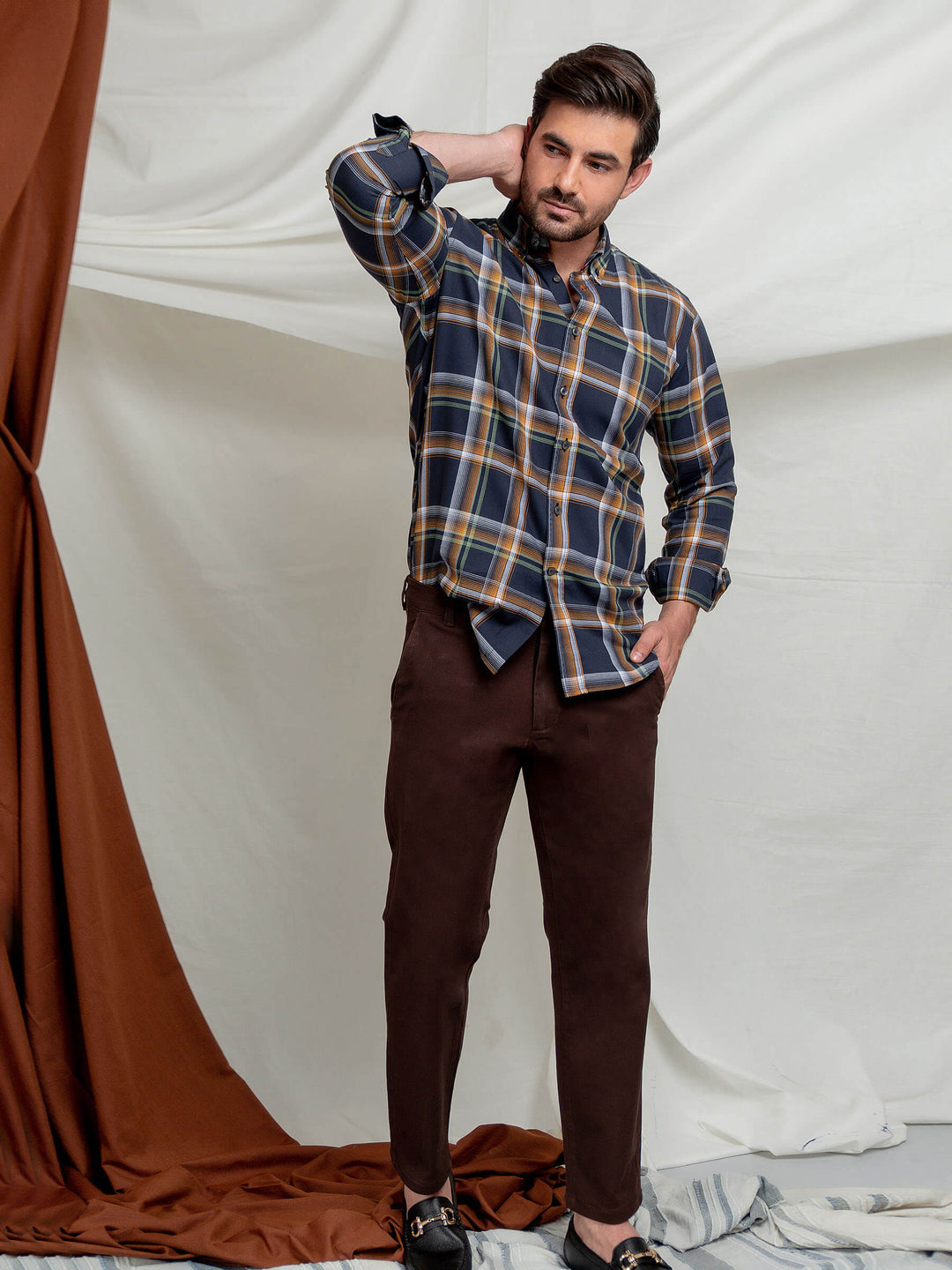 Mustard & Navy Blue Checkered Shirt Brumano Pakistan