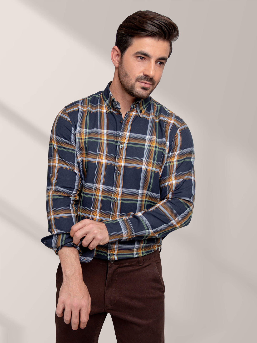 Mustard & Navy Blue Checkered Shirt Brumano Pakistan