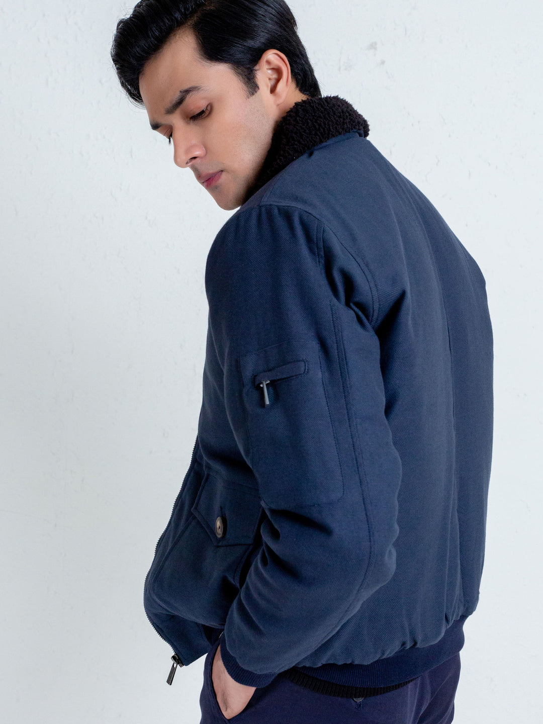 Navy Blue Aviator Jacket With Sherpa Collar Brumano Pakistan