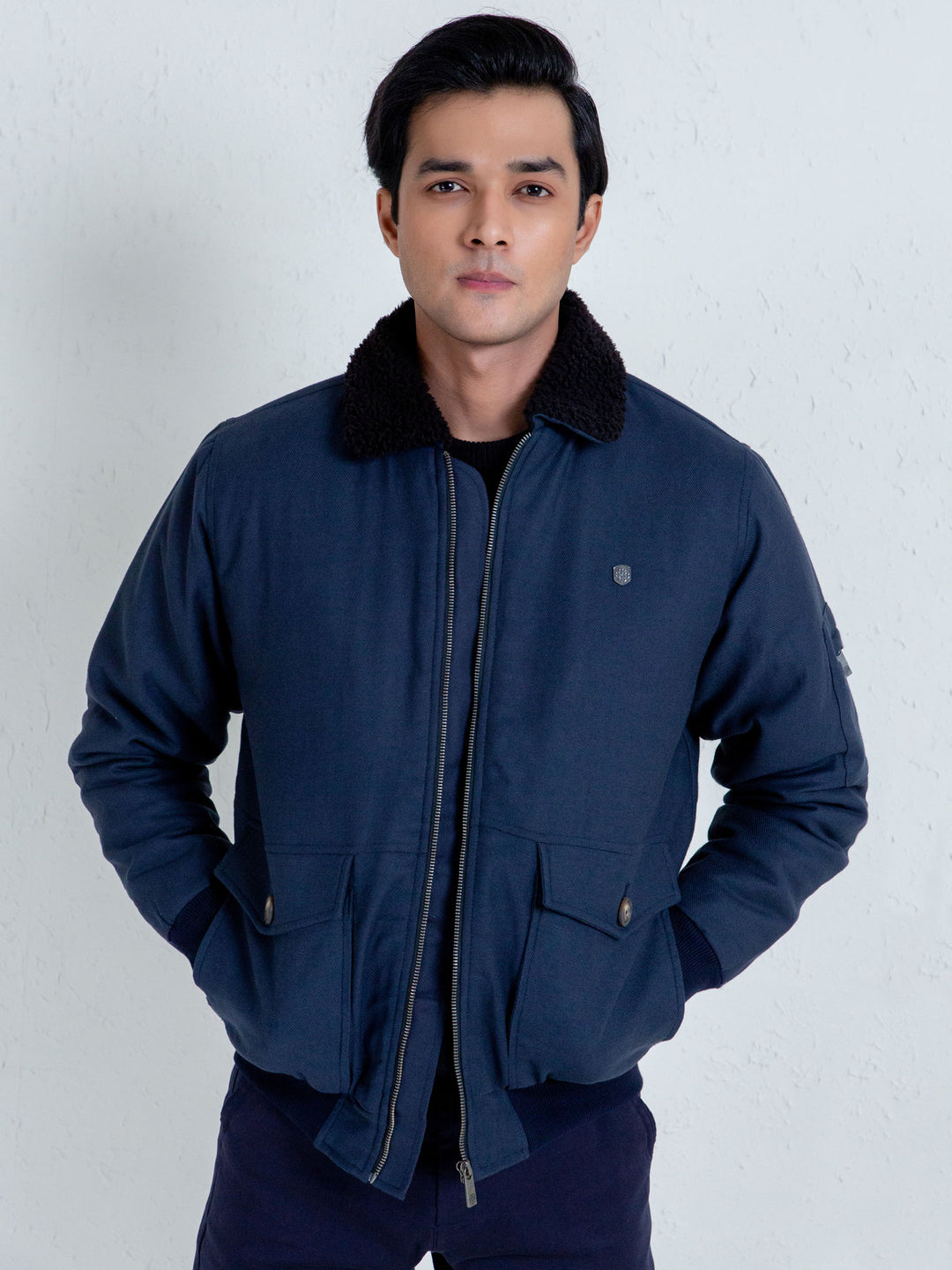 Navy Blue Aviator Jacket With Sherpa Collar Brumano Pakistan