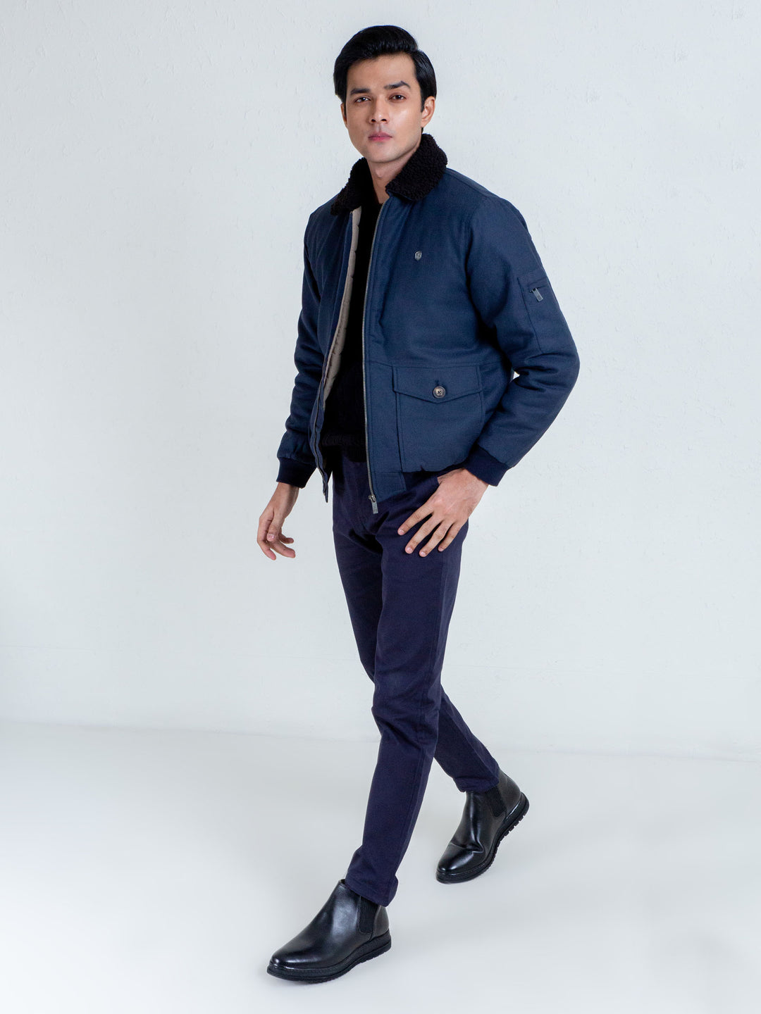 Navy Blue Aviator Jacket With Sherpa Collar Brumano Pakistan