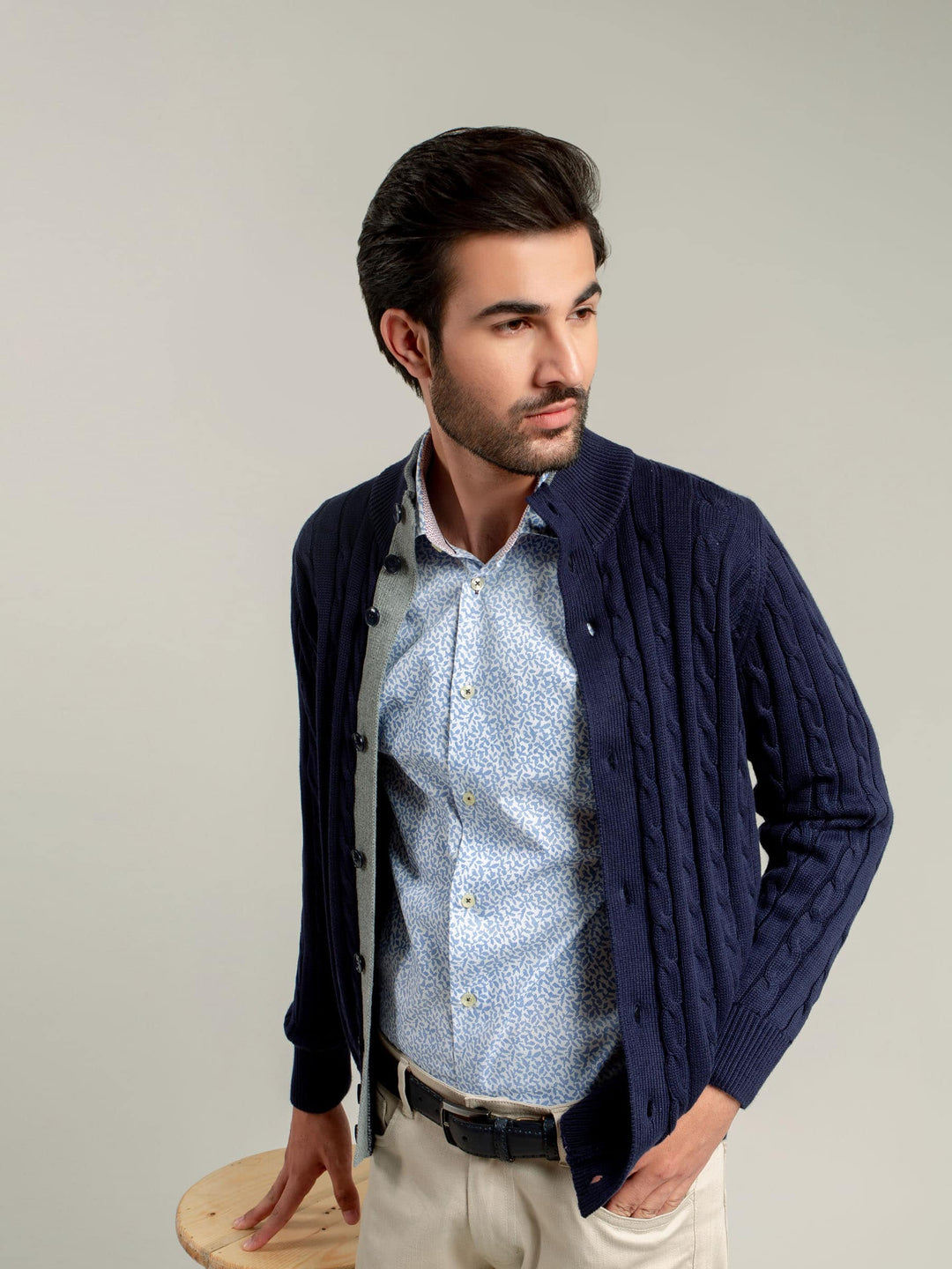 Navy Blue Cable Knitted Cardigan Brumano Pakistan