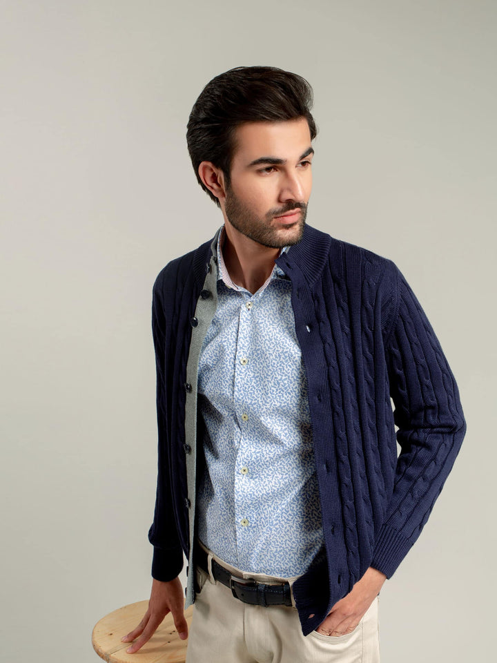 Navy Blue Cable Knitted Cardigan Brumano Pakistan