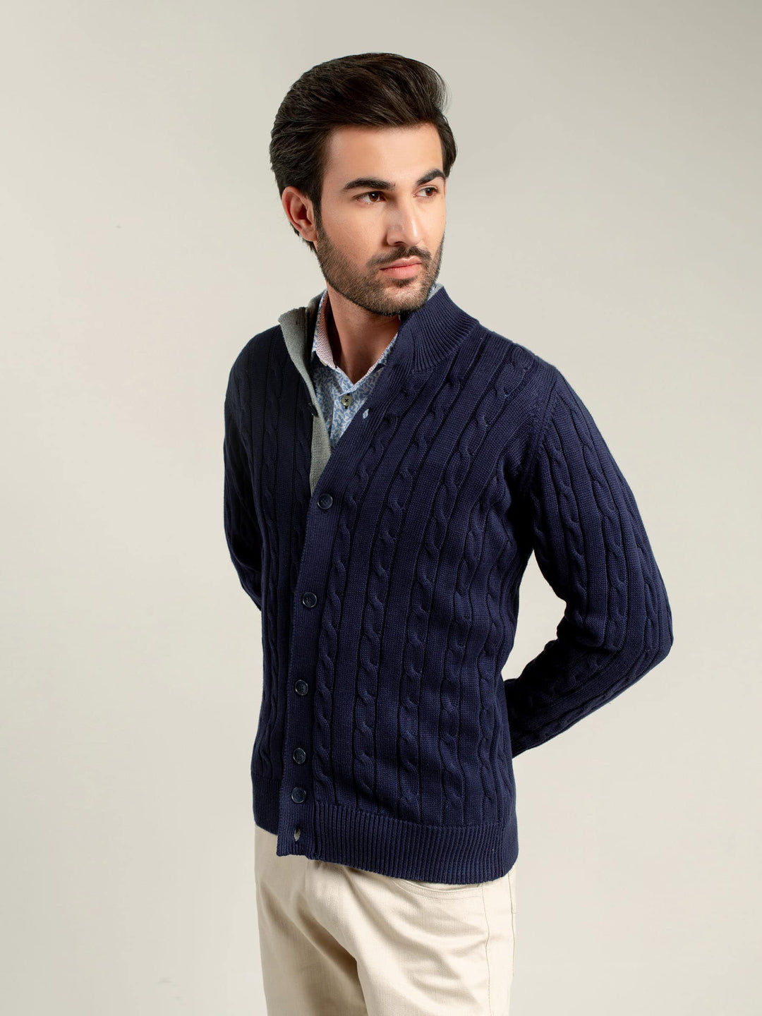 Navy Blue Cable Knitted Cardigan Brumano Pakistan