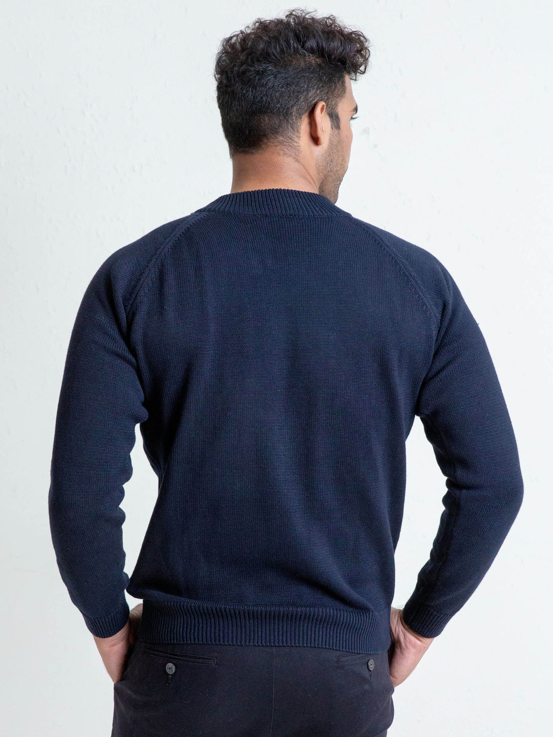 Navy Blue Cable Knitted Mock Neck Sweater Brumano Pakistan